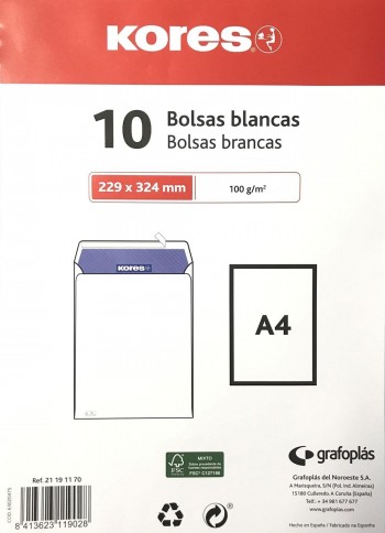 PAQUETE DE 10 BOLSAS KORES BLANCO 229X324