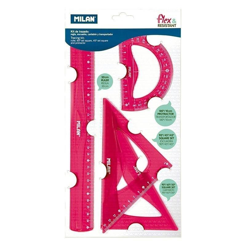 KIT REGLA 30CM, ESCUADRA, CARTABON Y TRANSPORTADOR FLEXRESISTANT ROSA