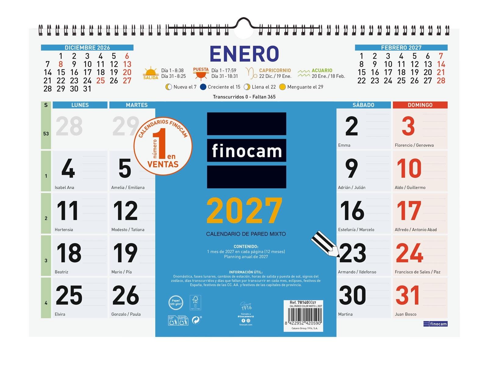CALENDARIO PARED FINOCAM COLOR MIXTO L 43X31 2027