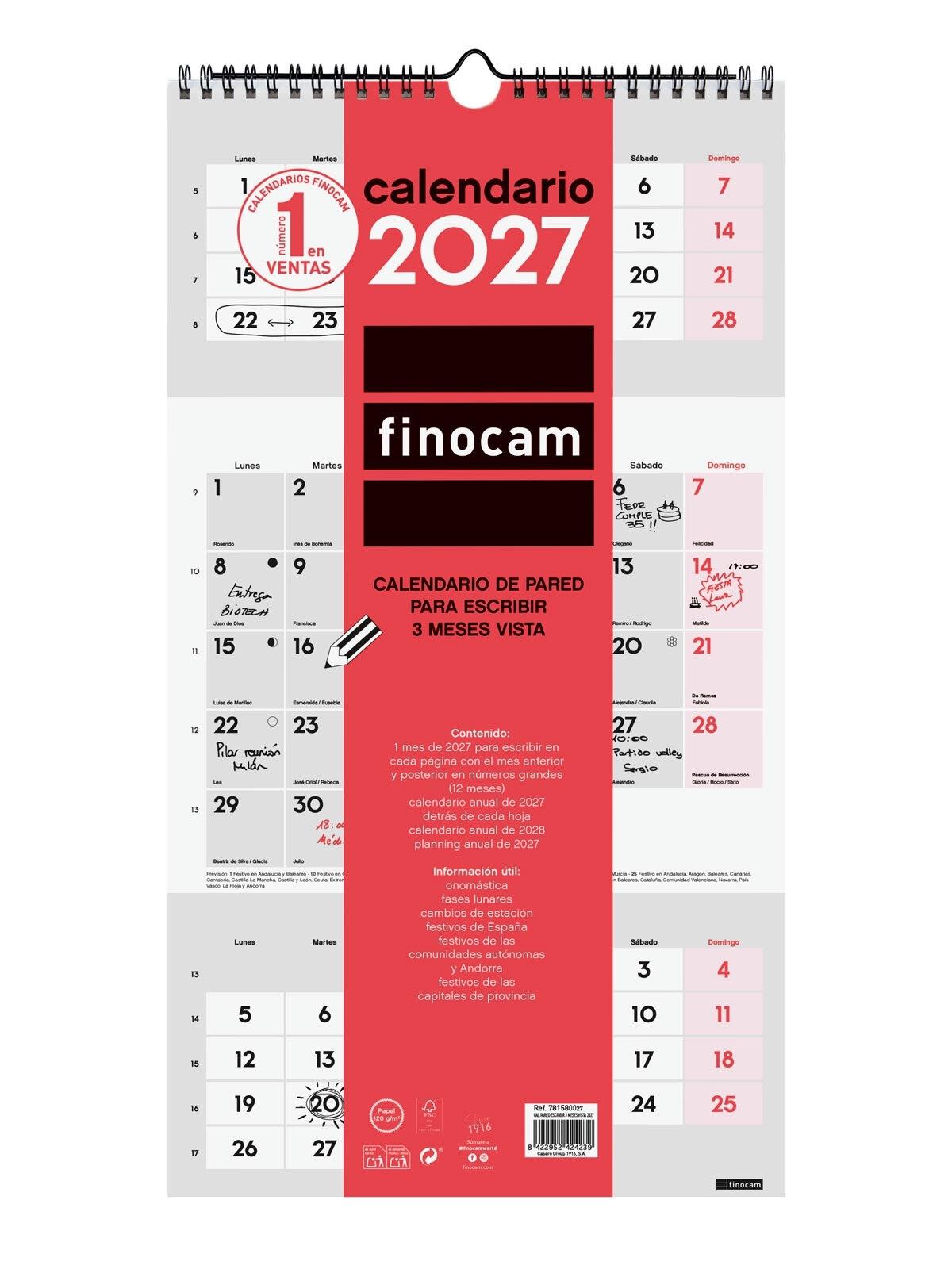 CALENDARIO PARED FINOCAM ESCRIBIR 3 MESES VISTA 2027