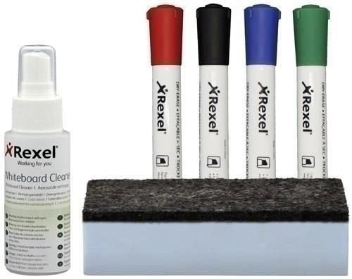 KIT REXEL 4 ROTULADORES PARA PIZARRA BLANCA + BORRADOR DE ESPUMA + SPRAY LIMPIADOR.
