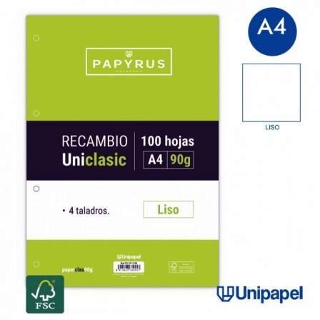 RECAMBIO PAPYRUS 4 TALADROS A-4 LISO 100H 90GR