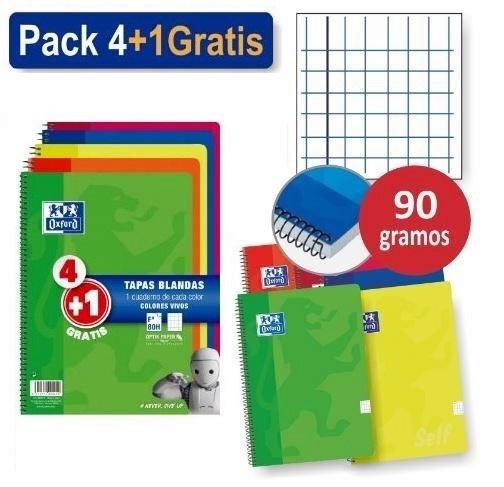 VAC26 (25) CUADERNO OXFORD TAPA BLANDA TAMAÑO FOLIO 80 HOJAS 4X4 90GRS COLORES VIVOS PACK OFERTA 4+1