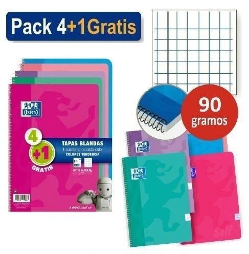 VAC26 (25) CUADERNO OXFORD TAPA BLANDA TAMAÑO FOLIO 80 HOJAS 4X4 90GRS COLORES TENDENCIA PACK OFERTA 4+1