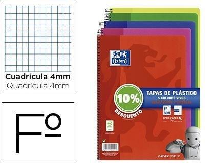 VAC26 (25) CUADERNO OXFORD TAPA PLÁSTICO TAMAÑO FOLIO 80 HOJAS 4X4 90GRS COLORES VIVOS PACK OFERTA 4+1