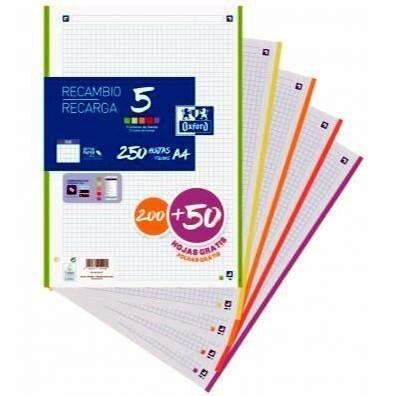 (24) RECAMBIO 200+50 HOJAS PAQUETE A4 5X5 5 COLORES DE BANDA VIVOS