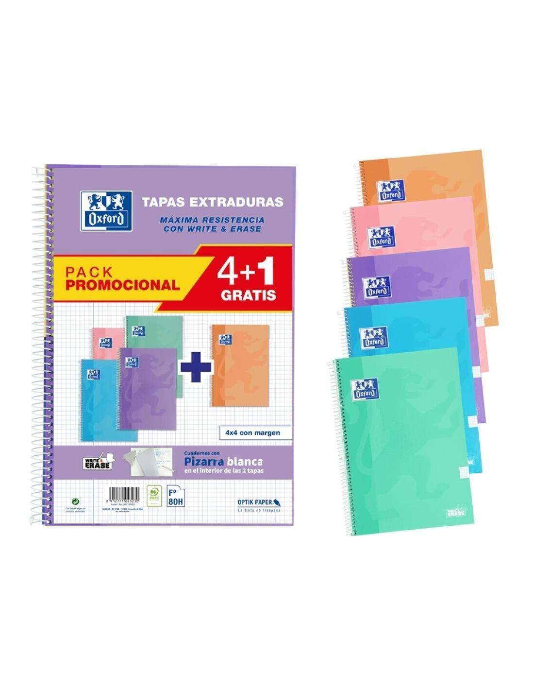 VAC26 (25) CUADERNO OXFORD TAPA EXTRADURA TAMAÑO FOLIO 80 HOJAS 4X4 90GRS COLORES PASTEL PACK OFERTA 4+1