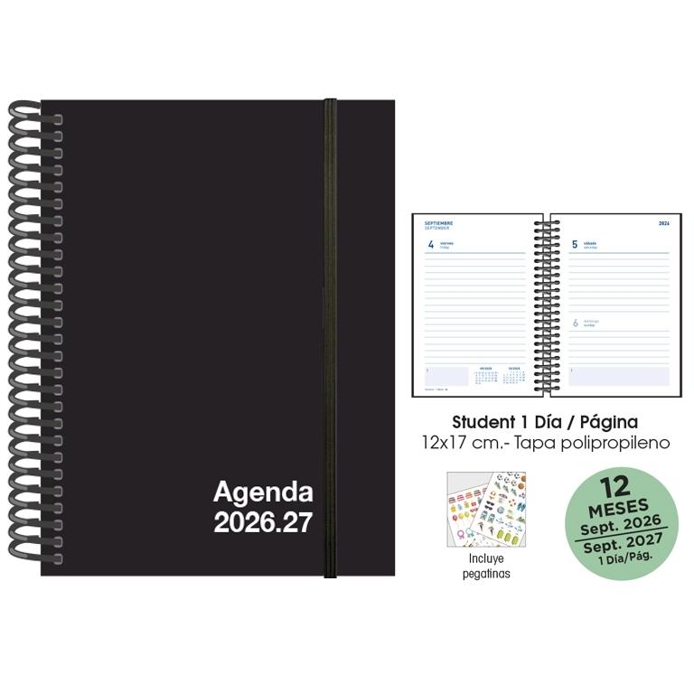 (26) AGENDA ESCOLAR 2026-2027 ESP. D/P 12x17 STUDENT  T/ POLIP. NEGRO