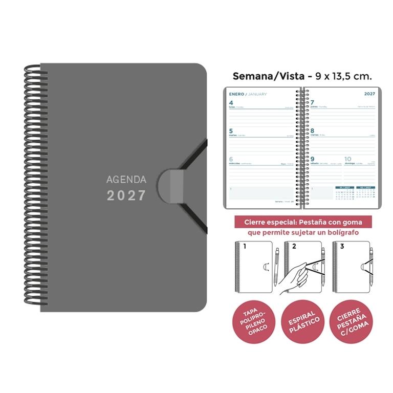 AGENDA ESPIRAL SENFORT 2027 POLIPROPILENO UNICOLOR GRIS S/V 9 x 14 cm