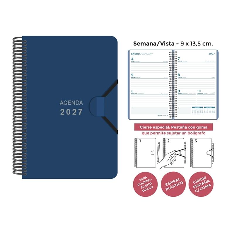 AGENDA ANUAL ESPIRAL SENFORT 2027 POLIPROPILENO UNICOLOR AZUL OSC. S/V 9 x 14 cm