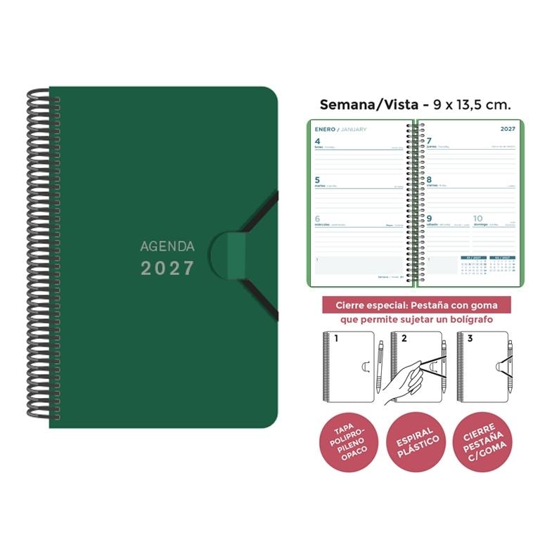 AGENDA ANUAL ESPIRAL SENFORT 2027 POLIPROPILENO UNICOLOR VERDE OSC. S/V 9 x 14 cm