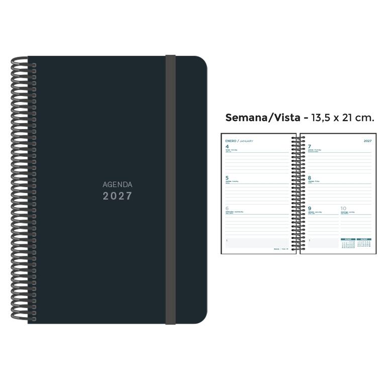 AGENDA ANUAL ESPIRAL SENFORT 2027 POLIPROPILENO UNICOLOR GOMA ANCHA NEGRO  S/V 13,5 x 21,5 cm