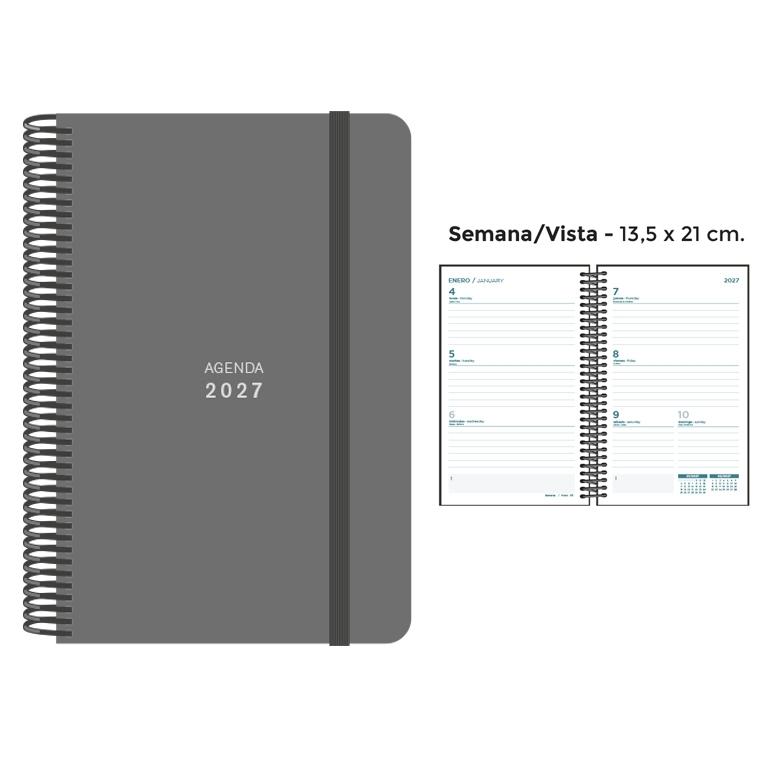 AGENDA ANUAL ESPIRAL SENFORT 2027 POLIPROPILENO UNICOLOR GOMA ANCHA GRIS S/V 13,5 x 21,5 cm