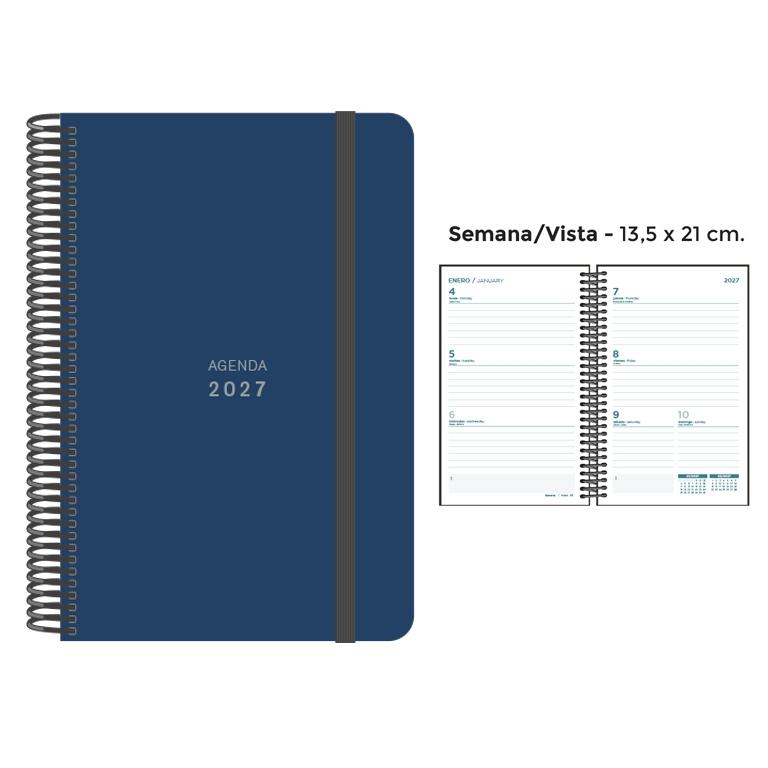 AGENDA ANUAL ESPIRAL SENFORT 2027 POLIPROPILENO UNICOLOR GOMA ANCHA AZUL OSC. S/V 13,5 x 21,5 cm