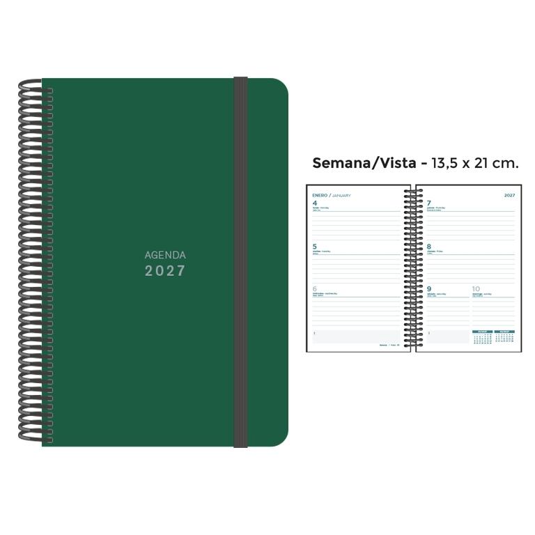 AGENDA ANUAL ESPIRAL SENFORT 2027 POLIPROPILENO UNICOLOR GOMA ANCHA VERDE S/V 13,5 x 21,5 cm