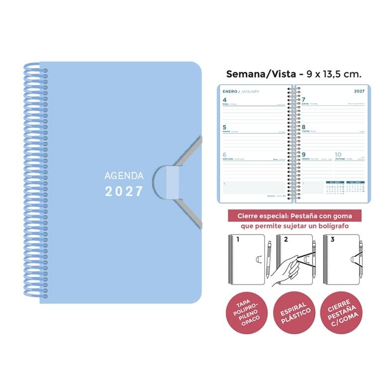 AGENDA ANUAL ESPIRAL SENFORT 2027 POLIPROPILENO PASTEL AZUL S/V 9 x 14 cm