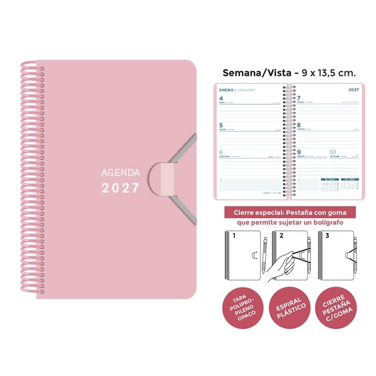 AGENDA ANUAL ESPIRAL SENFORT 2027 POLIPROPILENO PASTEL ROSA S/V 9 x 14 cm
