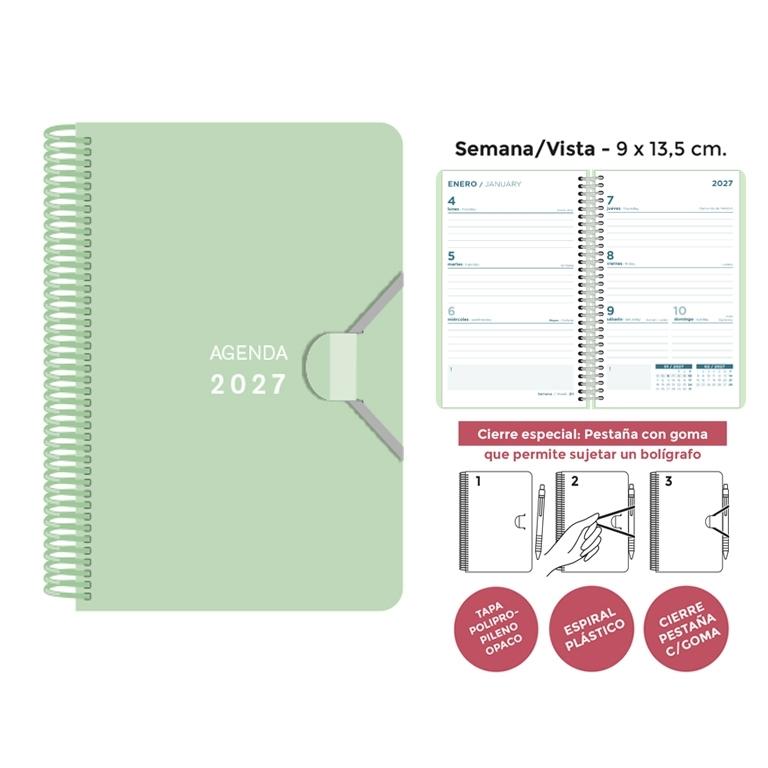 AGENDA ANUAL ESPIRAL SENFORT 2027 POLIPROPILENO PASTEL VERDE S/V 9 x 14 cm