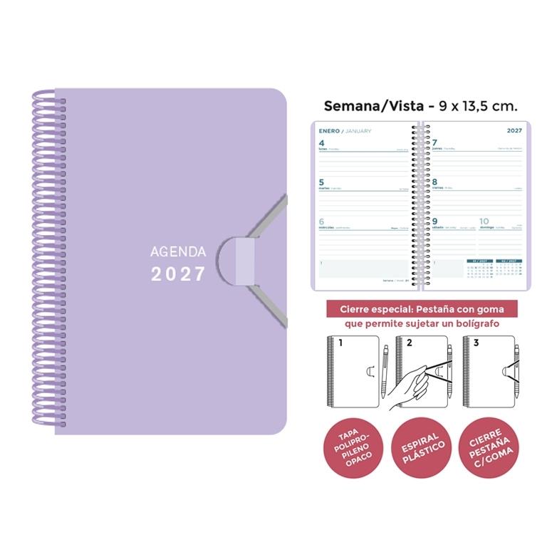 AGENDA ANUAL ESPIRAL SENFORT 2027 POLIPROPILENO PASTEL LILA S/V 9 x 14 cm
