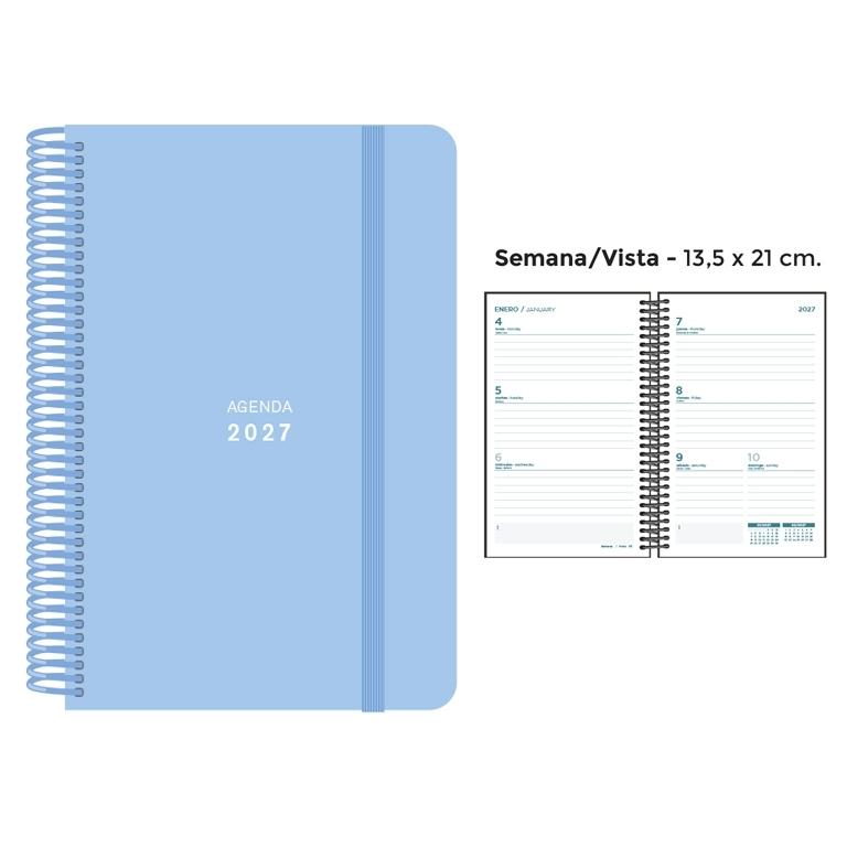 AGENDA ANUAL ESPIRAL SENFORT 2027 POLIPROPILENO PASTEL GOMA LISA AZUL S/V 13,5 x 21 cm