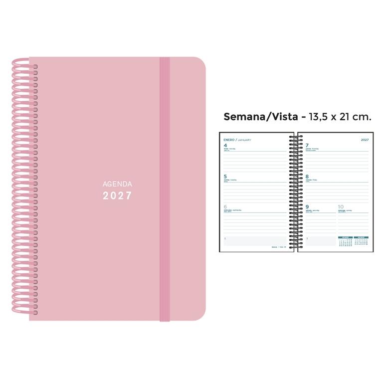 AGENDA ANUAL ESPIRAL SENFORT 2027 POLIPROPILENO PASTEL GOMA LISA ROSA S/V 13,5 x 21 cm