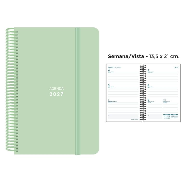 AGENDA ANUAL ESPIRAL SENFORT 2027 POLIPROPILENO PASTEL GOMA LISA VERDE S/V 13,5 x 21 cm