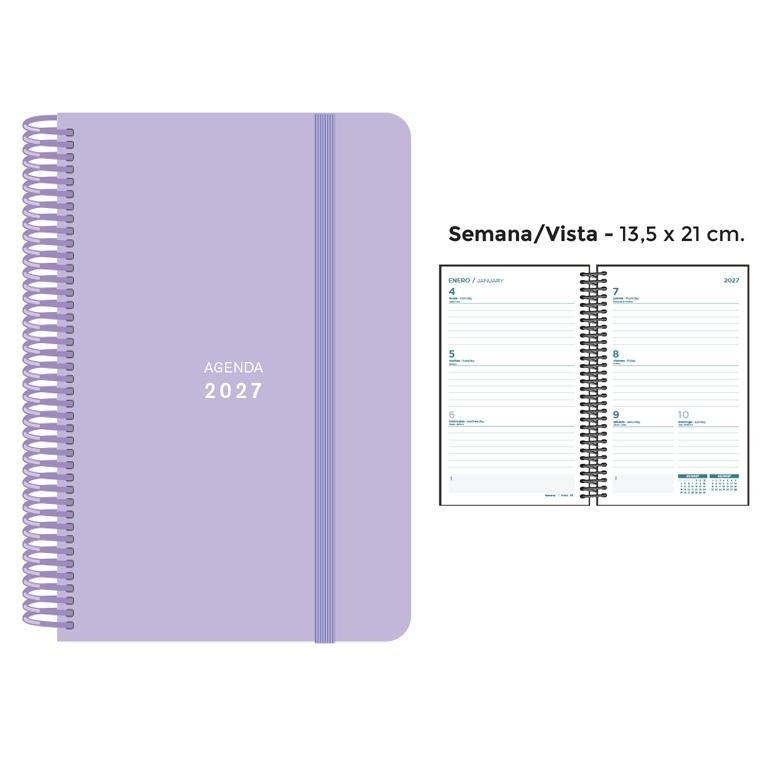 AGENDA ANUAL ESPIRAL SENFORT 2027 POLIPROPILENO PASTEL GOMA LISA LILA S/V 13,5 x 21 cm