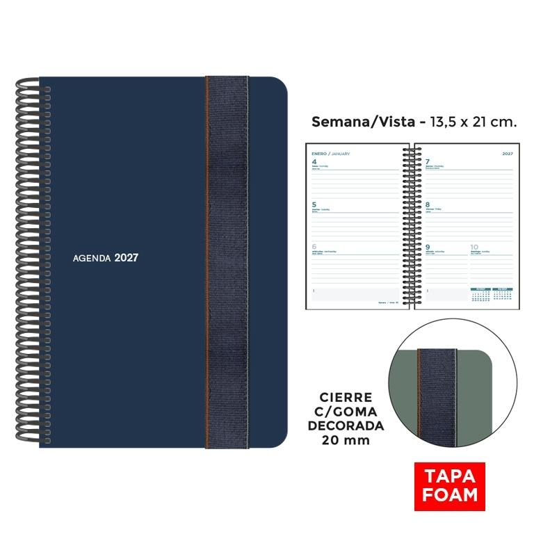 AGENDA ANUAL ESPIRAL SENFORT 2027 POLIPROPILENO FOAM GOMA ANCHA AZUL S/V 13,5 x 21,5 cm