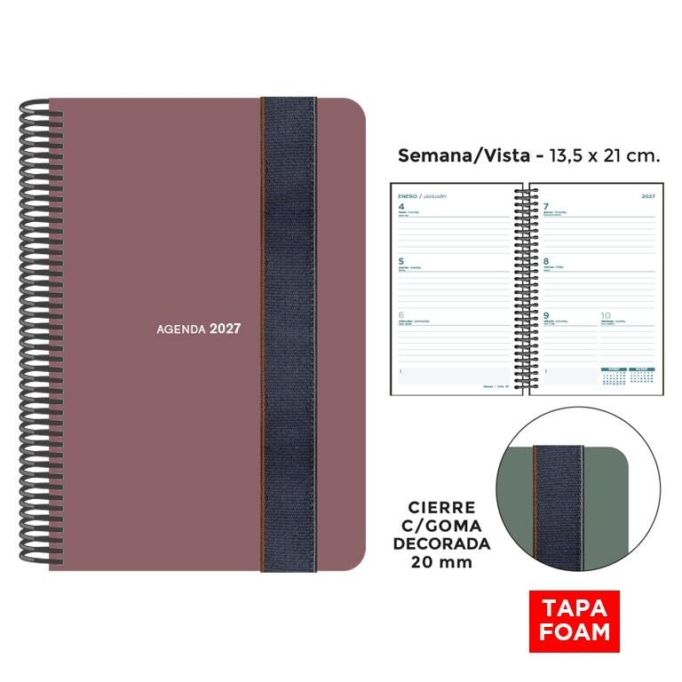 AGENDA ANUAL ESPIRAL SENFORT 2027 POLIPROPILENO FOAM GOMA ANCHA SIENA S/V 13,5 x 21,5 cm
