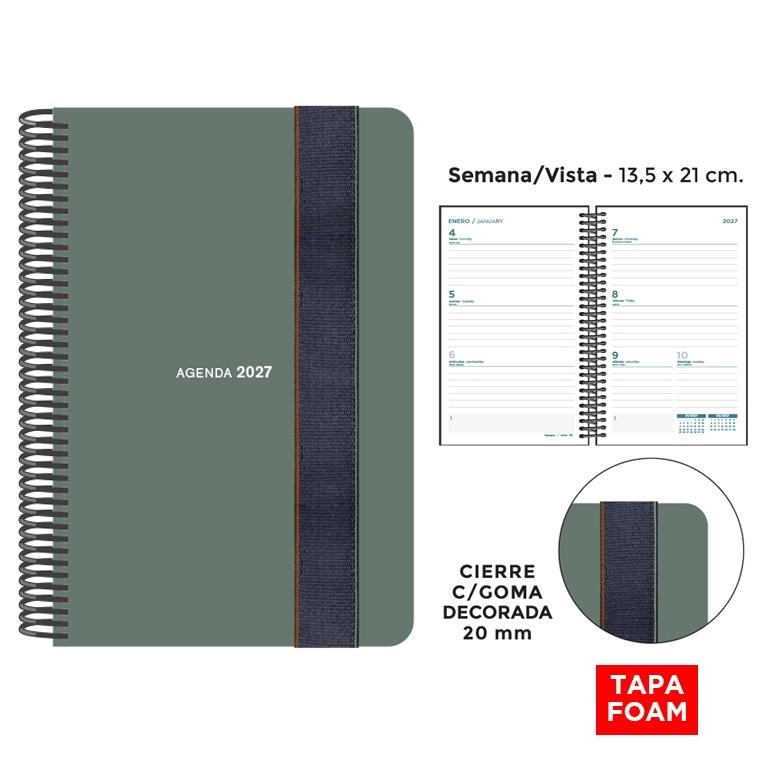 AGENDA ANUAL ESPIRAL SENFORT 2027 POLIPROPILENO FOAM GOMA ANCHA VERDE S/V 13,5 x 21,5 cm