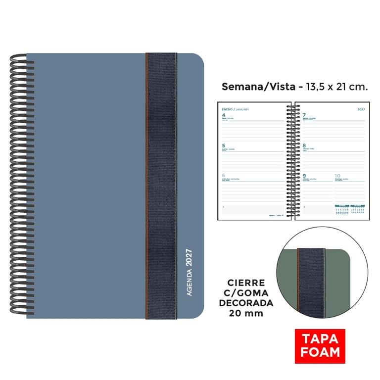 AGENDA ANUAL ESPIRAL SENFORT 2027 POLIPROPILENO FOAM GOMA ANCHA AZUL PLOMO S/V 13,5 x 21,5 cm